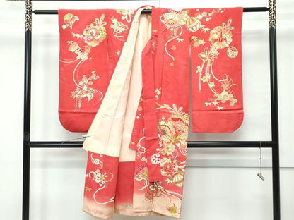 平和屋本店[]極上 アンティーク 大正ロマン 七五三 女の子 7歳 祝着・長襦袢セット 駒刺繍 檜扇鼓花毬文 金彩 赤紅色地 逸品 CZAA5697s6