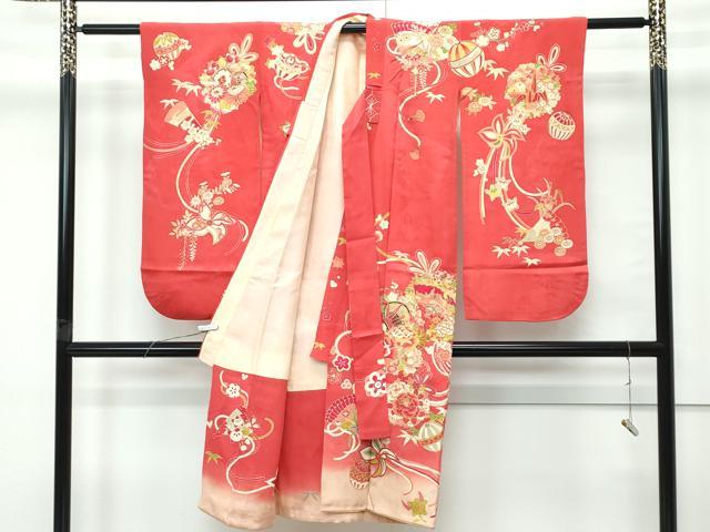 平和屋本店[]極上 アンティーク 大正ロマン 七五三 女の子 7歳 祝着・長襦袢セット 駒刺繍 檜扇鼓花毬文 金彩 赤紅色地 逸品 CZAA5697s6