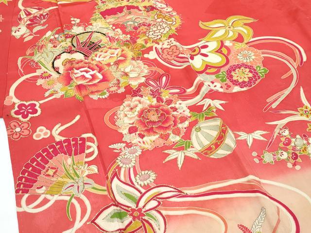 平和屋本店[]極上 アンティーク 大正ロマン 七五三 女の子 7歳 祝着・長襦袢セット 駒刺繍 檜扇鼓花毬文 金彩 赤紅色地 逸品 CZAA5697s6