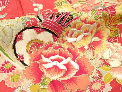 平和屋本店[]極上 アンティーク 大正ロマン 七五三 女の子 7歳 祝着・長襦袢セット 駒刺繍 檜扇鼓花毬文 金彩 赤紅色地 逸品 CZAA5697s6