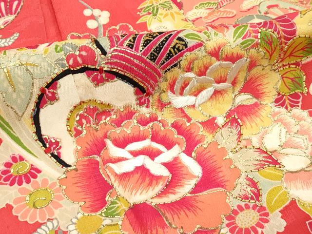 平和屋本店[]極上 アンティーク 大正ロマン 七五三 女の子 7歳 祝着・長襦袢セット 駒刺繍 檜扇鼓花毬文 金彩 赤紅色地 逸品 CZAA5697s6