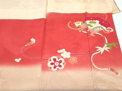 平和屋本店[]極上 アンティーク 大正ロマン 七五三 女の子 7歳 祝着・長襦袢セット 駒刺繍 檜扇鼓花毬文 金彩 赤紅色地 逸品 CZAA5697s6