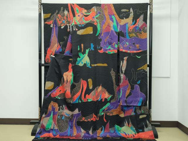 平和屋本店●極上　振袖　作家物　刺繍　抽象文　黒地　金銀彩　逸品　CZAA5699s6