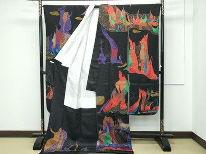 平和屋本店●極上　振袖　作家物　刺繍　抽象文　黒地　金銀彩　逸品　CZAA5699s6