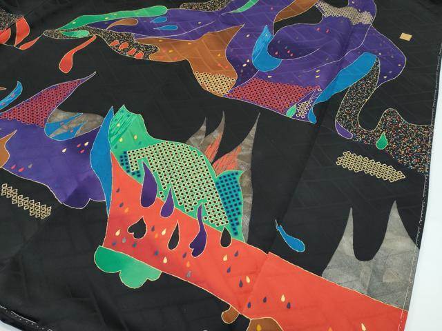 平和屋本店●極上　振袖　作家物　刺繍　抽象文　黒地　金銀彩　逸品　CZAA5699s6