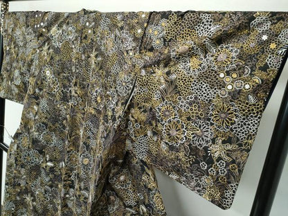 平和屋本店●極上　小紋　総刺繍　草花尽くし　黒地　逸品　CZAA5705s6
