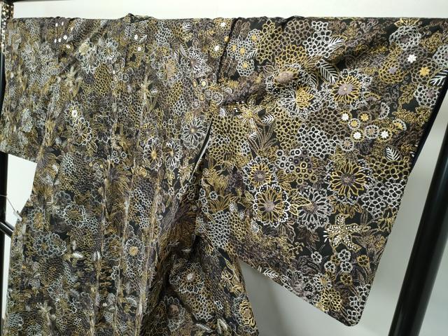 平和屋本店●極上　小紋　総刺繍　草花尽くし　黒地　逸品　CZAA5705s6