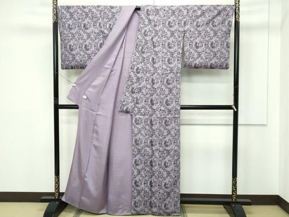 平和屋本店●極上　お召　紗袷　モール織　更紗花紋紗　鳩羽鼠色地　反端付き　逸品　CZAA5711s6