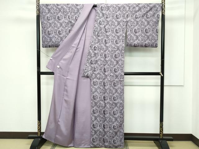 平和屋本店●極上　お召　紗袷　モール織　更紗花紋紗　鳩羽鼠色地　反端付き　逸品　CZAA5711s6