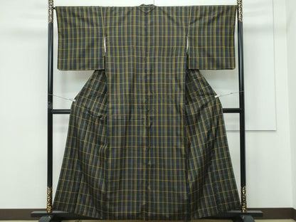 平和屋本店●希少　本場黄八丈　市松綾織　黒八丈　紬　逸品　CZAA5712s6
