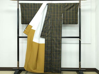 平和屋本店●希少　本場黄八丈　市松綾織　黒八丈　紬　逸品　CZAA5712s6