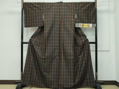 平和屋本店●極上　本場黄八丈　黒八丈　紬　西條吉広　平織　格子柄　証紙付き　逸品　未使用　CZAA5714s6