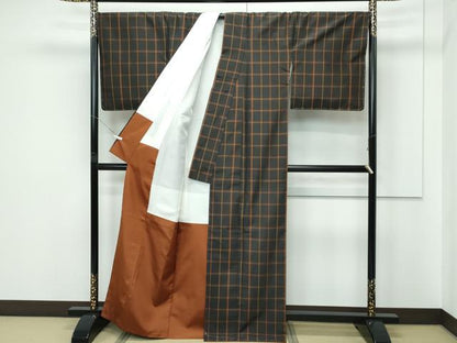 平和屋本店●極上　本場黄八丈　黒八丈　紬　西條吉広　平織　格子柄　証紙付き　逸品　未使用　CZAA5714s6