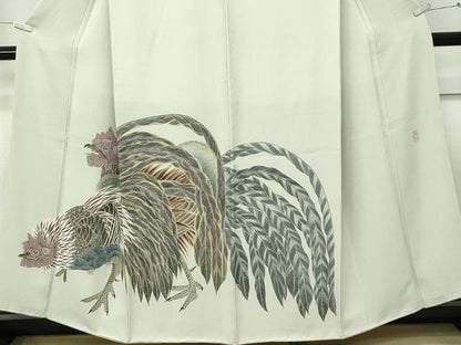 平和屋本店●極上　細密友禅作家　坂江伸仁　色留訪問着　鶏　柳鼠色地　鈴乃屋扱い　逸品　CZAA5737s6