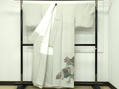 平和屋本店●極上　細密友禅作家　坂江伸仁　色留訪問着　鶏　柳鼠色地　鈴乃屋扱い　逸品　CZAA5737s6