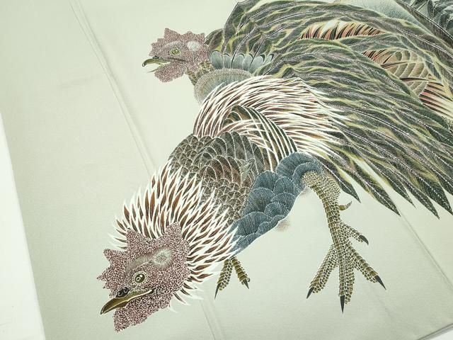 平和屋本店●極上　細密友禅作家　坂江伸仁　色留訪問着　鶏　柳鼠色地　鈴乃屋扱い　逸品　CZAA5737s6