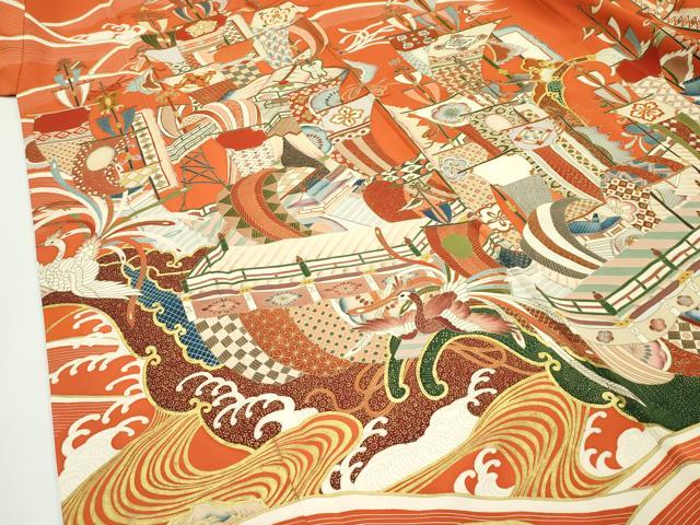 平和屋本店●極上　創業460年・千總　振袖　駒刺繍　立波船文　金彩　煉瓦色地　高島屋扱い　逸品　CZAA5760s6