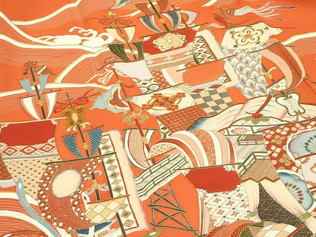 平和屋本店●極上　創業460年・千總　振袖　駒刺繍　立波船文　金彩　煉瓦色地　高島屋扱い　逸品　CZAA5760s6
