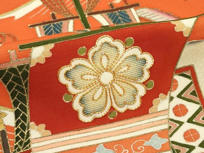 平和屋本店●極上　創業460年・千總　振袖　駒刺繍　立波船文　金彩　煉瓦色地　高島屋扱い　逸品　CZAA5760s6