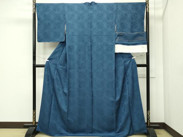 平和屋本店●極上 京友禅の人間国宝 上野為二 山口美術織物 西陣織 お召 色無地 鉄御納戸色 五節句華紋 反端付き 逸品 未使用 CZAA5763s6