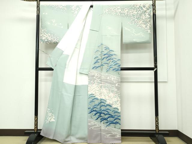平和屋本店●極上 本加賀友禅作家 大村洋子 訪問着 立波千鳥梅松文 暈し染め 青白橡色地 ますいわ屋扱い 反端付き 逸品 CZAA5801s6