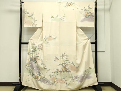 平和屋本店●極上　訪問着　友禅　駒刺繍　渡り橋松竹梅草花文　暈し染め　金彩　蜂蜜色地　逸品　未使用　CZAA5809s6