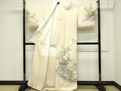 平和屋本店●極上　訪問着　友禅　駒刺繍　渡り橋松竹梅草花文　暈し染め　金彩　蜂蜜色地　逸品　未使用　CZAA5809s6