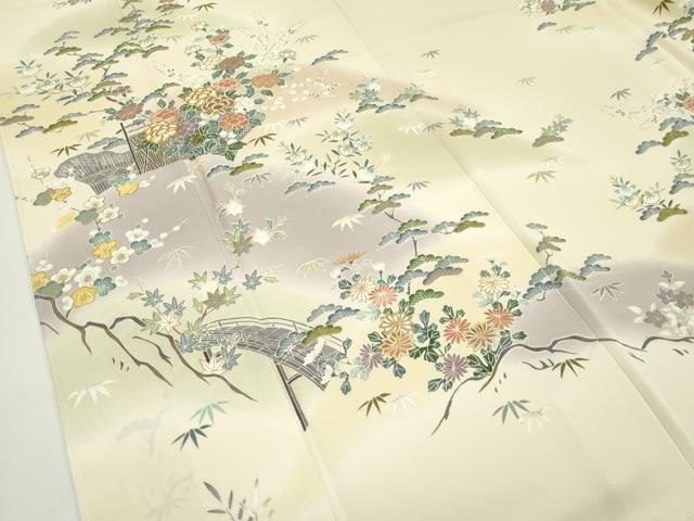 平和屋本店●極上　訪問着　友禅　駒刺繍　渡り橋松竹梅草花文　暈し染め　金彩　蜂蜜色地　逸品　未使用　CZAA5809s6