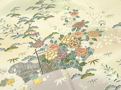 平和屋本店●極上　訪問着　友禅　駒刺繍　渡り橋松竹梅草花文　暈し染め　金彩　蜂蜜色地　逸品　未使用　CZAA5809s6