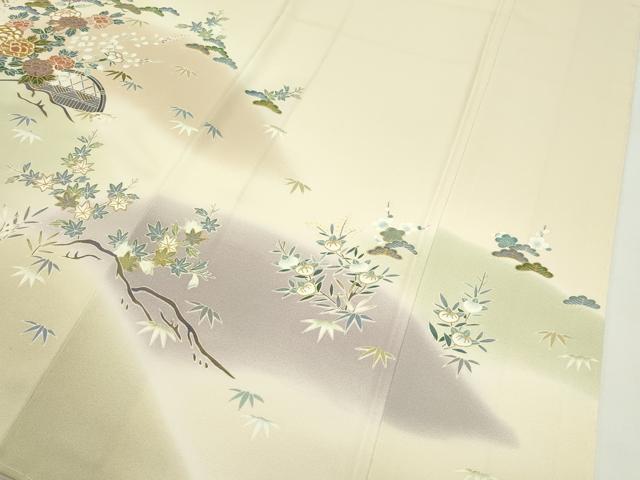 平和屋本店●極上　訪問着　友禅　駒刺繍　渡り橋松竹梅草花文　暈し染め　金彩　蜂蜜色地　逸品　未使用　CZAA5809s6