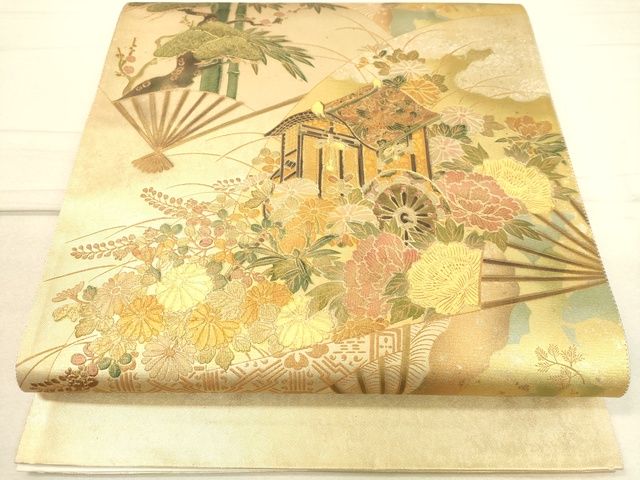 平和屋着物◎太鼓柄袋帯 作家物 扇面風景花松文 金彩 引箔 逸品 DAAI3805tw