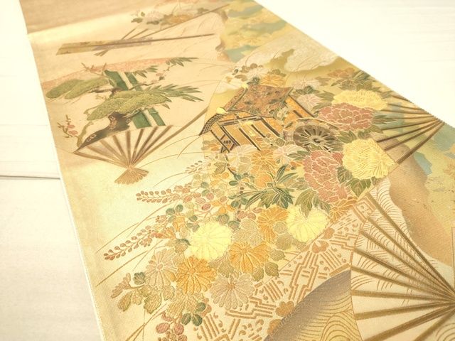 平和屋着物◎太鼓柄袋帯 作家物 扇面風景花松文 金彩 引箔 逸品 DAAI3805tw