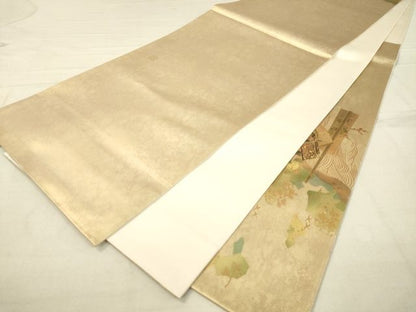 平和屋着物◎太鼓柄袋帯 作家物 扇面風景花松文 金彩 引箔 逸品 DAAI3805tw
