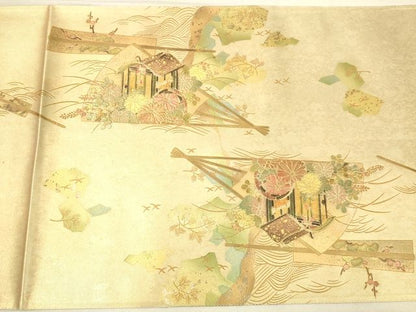 平和屋着物◎太鼓柄袋帯 作家物 扇面風景花松文 金彩 引箔 逸品 DAAI3805tw