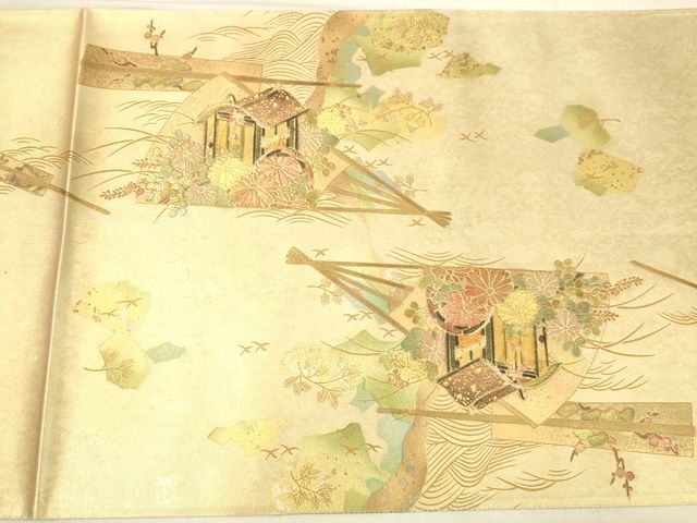 平和屋着物◎太鼓柄袋帯 作家物 扇面風景花松文 金彩 引箔 逸品 DAAI3805tw