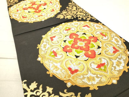平和屋着物◎六通柄袋帯　正倉院花文　黒地　金銀糸　逸品　DAAI3818tw