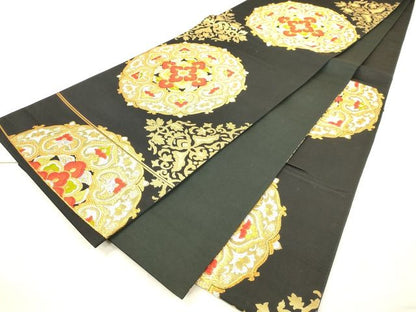 平和屋着物◎六通柄袋帯　正倉院花文　黒地　金銀糸　逸品　DAAI3818tw