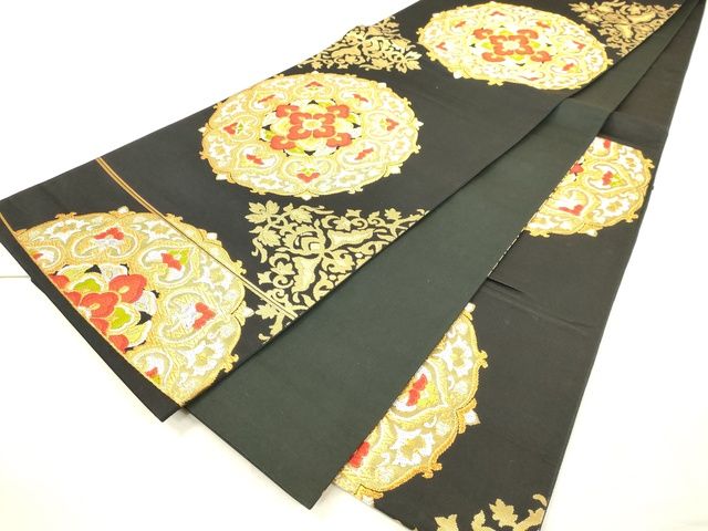 平和屋着物◎六通柄袋帯　正倉院花文　黒地　金銀糸　逸品　DAAI3818tw