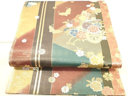 平和屋着物◎六通柄袋帯 唐織 舞蝶花車文 金糸 逸品 DAAI3844tw