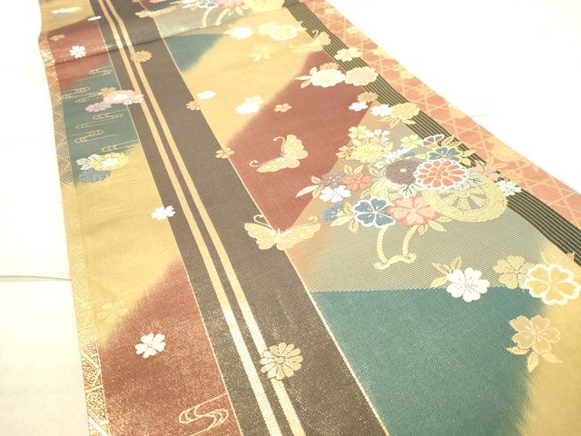 平和屋着物◎六通柄袋帯 唐織 舞蝶花車文 金糸 逸品 DAAI3844tw