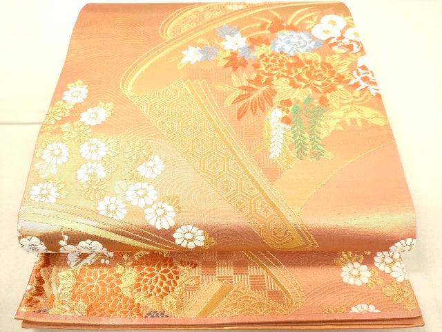 平和屋着物◎六通柄袋帯 唐織 絵巻草花文 金糸 逸品 DAAI3953tw