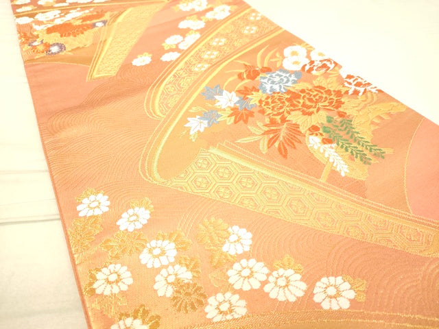 平和屋着物◎六通柄袋帯 唐織 絵巻草花文 金糸 逸品 DAAI3953tw