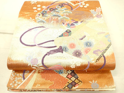 平和屋着物◎六通柄袋帯 唐織 冊子絵巻花文 金糸 逸品 DAAI3993tw