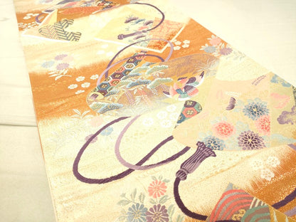 平和屋着物◎六通柄袋帯 唐織 冊子絵巻花文 金糸 逸品 DAAI3993tw