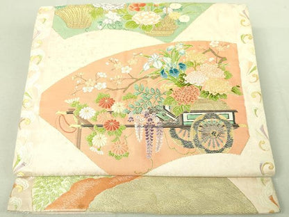 平和屋着物◎六通柄袋帯 唐織 扇面花車 金糸 逸品 DAAI4140yyy