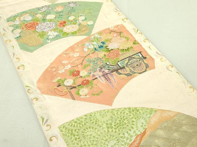 平和屋着物◎六通柄袋帯 唐織 扇面花車 金糸 逸品 DAAI4140yyy