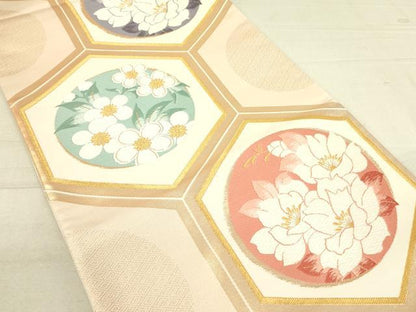 平和屋着物◎六通柄袋帯 唐織 亀甲花文 金糸 逸品 DAAI4188yyy