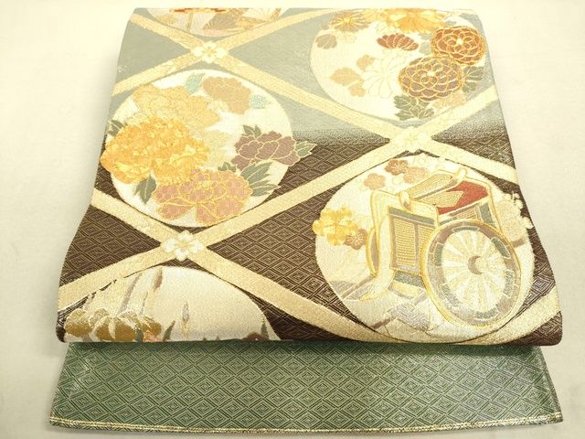 平和屋着物■佐賀錦 太鼓柄袋帯 駒刺繍 御所車花丸文 金糸 逸品 DAAI4748du