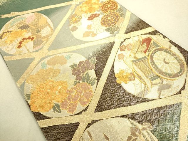 平和屋着物■佐賀錦 太鼓柄袋帯 駒刺繍 御所車花丸文 金糸 逸品 DAAI4748du