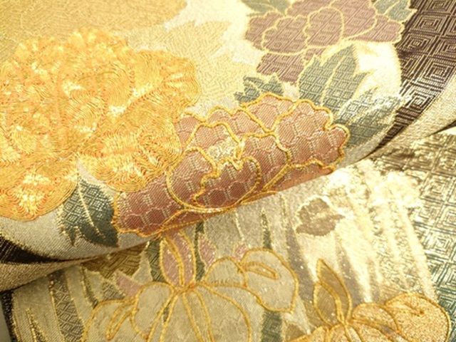 平和屋着物■佐賀錦 太鼓柄袋帯 駒刺繍 御所車花丸文 金糸 逸品 DAAI4748du